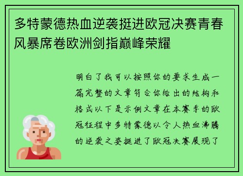 多特蒙德热血逆袭挺进欧冠决赛青春风暴席卷欧洲剑指巅峰荣耀